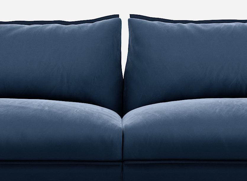 3 seater cozmo sofa velvet midnight blue with velvet midnight blue jacket front middle view @ Midnight Blue Velvet Jacket | Dark Blue Trim